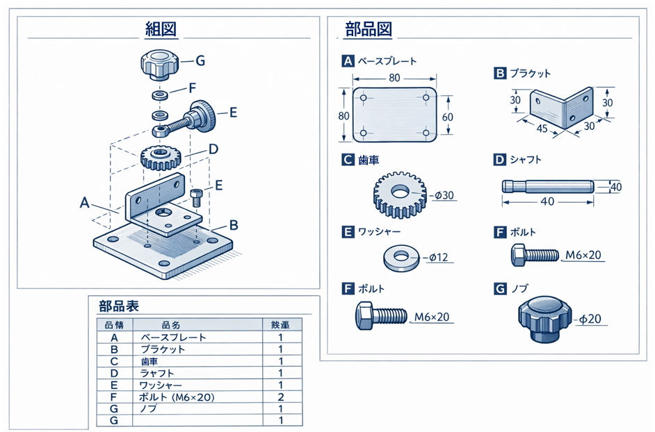 組図、部品表、部品図